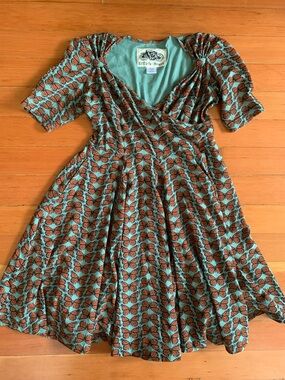 Effie's Heart Teal & Rust Butterfly V-Neck Fit-and-Flare Dress